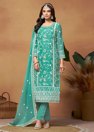 Turquoise Blue Organza Embroidered Suit Set with Dupatta