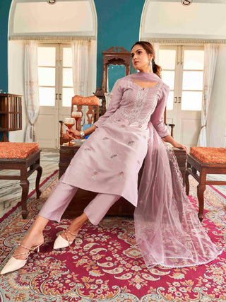 Mauve Floral Embroidered Straight Shape Suit Set with Dupatta