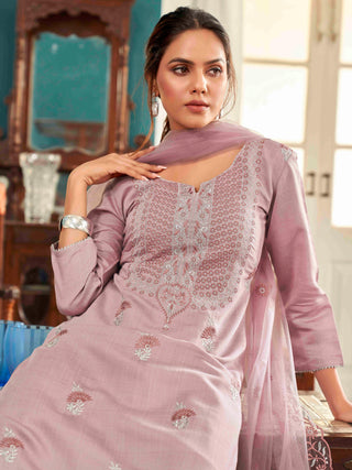 Mauve Floral Embroidered Straight Shape Suit Set with Dupatta