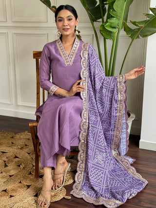 Violet Viscose Chanderi Embroidered Suit Set with Silk Blend Dupatta