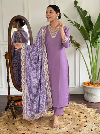 Violet Viscose Chanderi Embroidered Suit Set with Silk Blend Dupatta