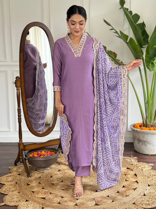 Violet Viscose Chanderi Embroidered Suit Set with Silk Blend Dupatta