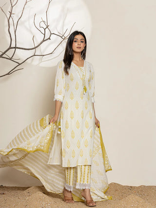 White & Green Cotton Ethnic Motif Print Straight Shape Kurta Trouser Set with Voile Dupatta