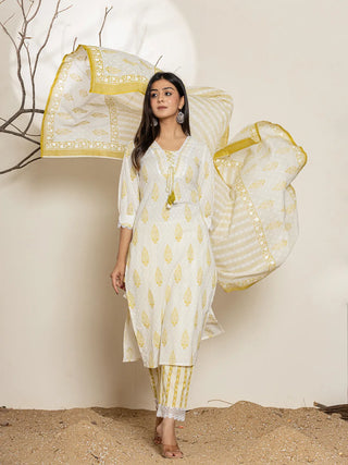 White & Green Cotton Ethnic Motif Print Straight Shape Kurta Trouser Set with Voile Dupatta