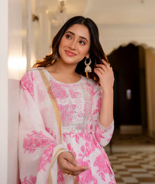 Pink & White Viscose Printed & Embroidered Anarkali Suit Set with Chanderi Cotton Dupatta