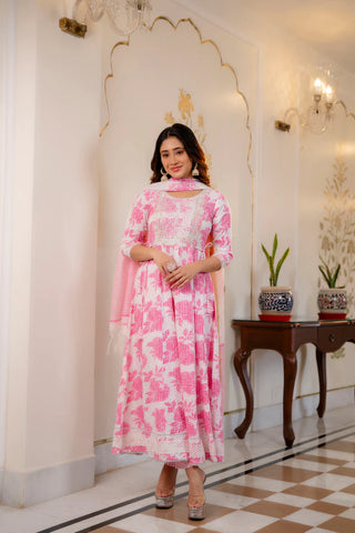 Pink & White Viscose Printed & Embroidered Anarkali Suit Set with Chanderi Cotton Dupatta