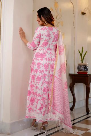 Pink & White Viscose Printed & Embroidered Anarkali Suit Set with Chanderi Cotton Dupatta