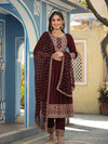 Maroon Rayon Embroidered Nyra cut Suit Set with Chiffon Dupatta