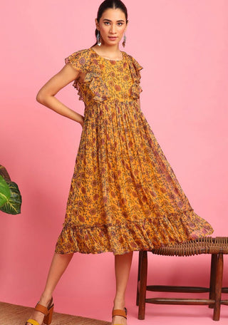 Yellow Poly Georgette Floral Print Dress