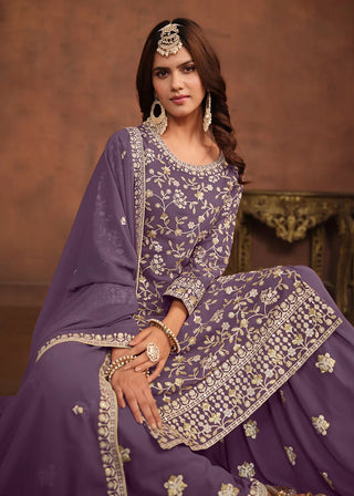 Faux Georgette Purple Embroidered Suit Set