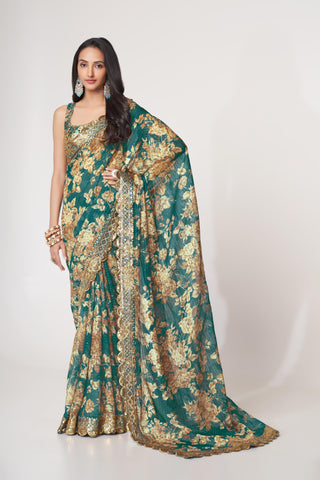 Teal Blue Organza Floral Print Saree with Blouse