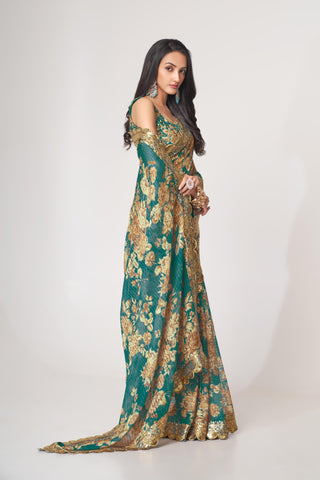 Teal Blue Organza Floral Print Saree with Blouse