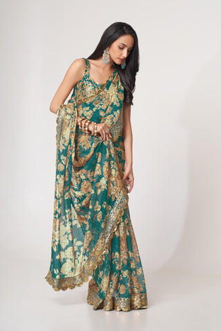 Teal Blue Organza Floral Print Saree with Blouse