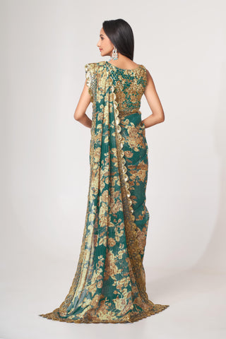 Teal Blue Organza Floral Print Saree with Blouse