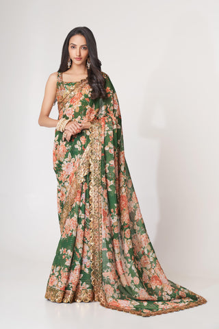 Green Organza Floral Print Saree with Blouse 