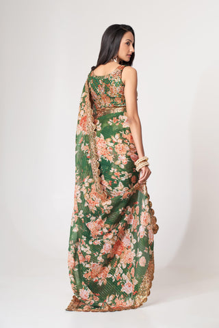 Green Organza Floral Print Saree with Blouse 