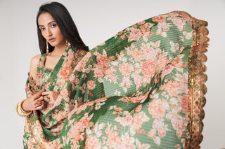 Green Organza Floral Print Saree with Blouse 