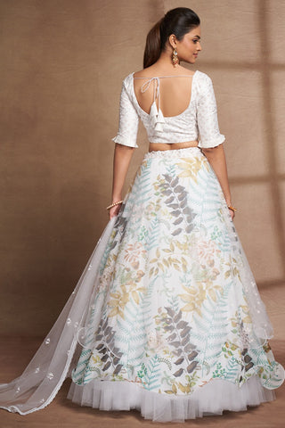 White Organza Digital Print & Sequins Embroidery Work Lehenga with Silk Blouse and Net Dupatta