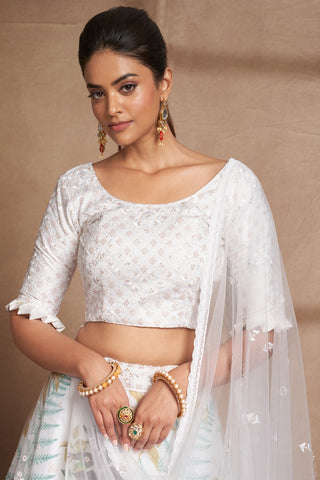 White Organza Digital Print & Sequins Embroidery Work Lehenga with Silk Blouse and Net Dupatta