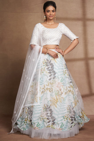 White Organza Digital Print & Sequins Embroidery Work Lehenga with Silk Blouse and Net Dupatta