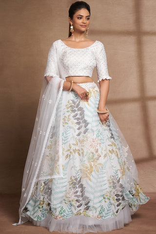 White Organza Digital Print & Sequins Embroidery Work Lehenga with Silk Blouse and Net Dupatta