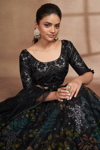 Black Organza Digital Print & Sequins Embroidery Work Lehenga with Silk Blouse and Net Dupatta