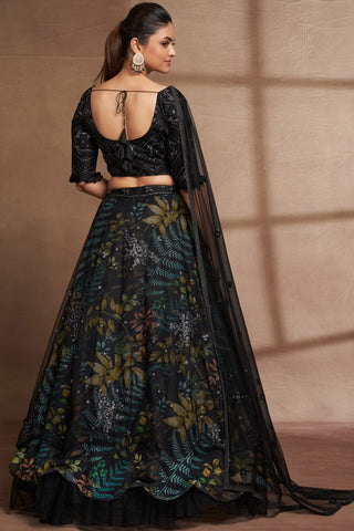 Black Organza Digital Print & Sequins Embroidery Work Lehenga with Silk Blouse and Net Dupatta