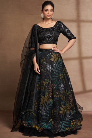 Black Organza Digital Print & Sequins Embroidery Work Lehenga with Silk Blouse and Net Dupatta