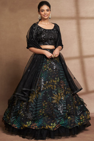 Black Organza Digital Print & Sequins Embroidery Work Lehenga with Silk Blouse and Net Dupatta