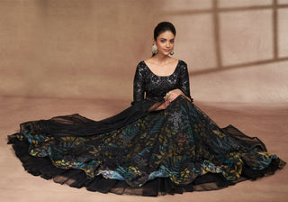 Black Organza Digital Print & Sequins Embroidery Work Lehenga with Silk Blouse and Net Dupatta