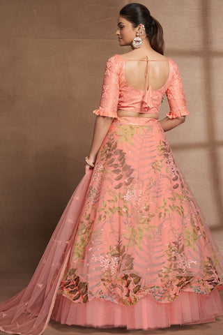 Peach Organza Digital Print & Sequins Embroidery Work Lehenga with Silk Blouse and Net Dupatta