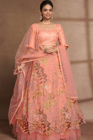 Peach Organza Digital Print & Sequins Embroidery Work Lehenga with Silk Blouse and Net Dupatta