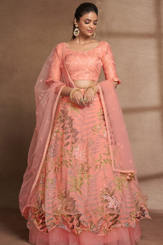 Peach Organza Digital Print & Sequins Embroidery Work Lehenga with Silk Blouse and Net Dupatta