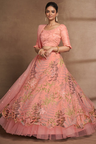 Peach Organza Digital Print & Sequins Embroidery Work Lehenga with Silk Blouse and Net Dupatta