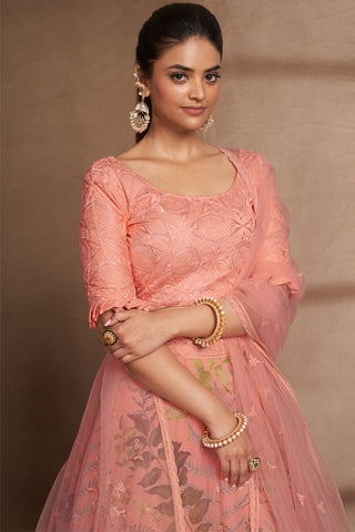 Peach Organza Digital Print & Sequins Embroidery Work Lehenga with Silk Blouse and Net Dupatta