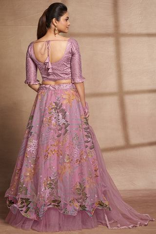 Purple Organza Digital Print & Sequins Embroidery Work Lehenga with Silk Blouse and Net Dupatta