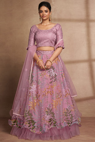 Purple Organza Digital Print & Sequins Embroidery Work Lehenga with Silk Blouse and Net Dupatta