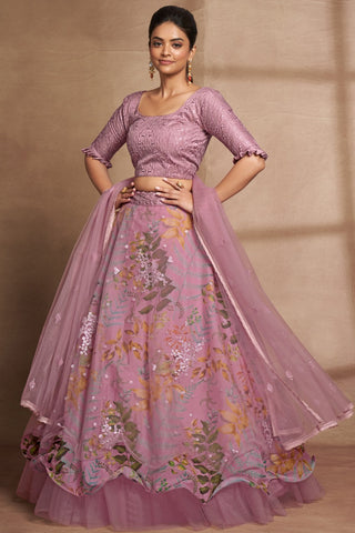 Purple Organza Digital Print & Sequins Embroidery Work Lehenga with Silk Blouse and Net Dupatta