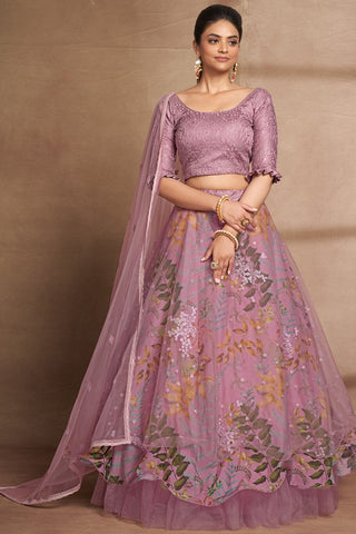 Purple Organza Digital Print & Sequins Embroidery Work Lehenga with Silk Blouse and Net Dupatta