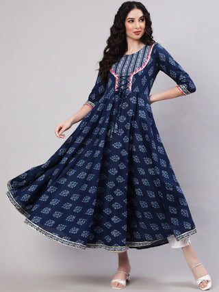 Blue Viscose Rayon Ethnic Motif Print Anarkali Style Kurta