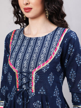 Blue Viscose Rayon Ethnic Motif Print Anarkali Style Kurta