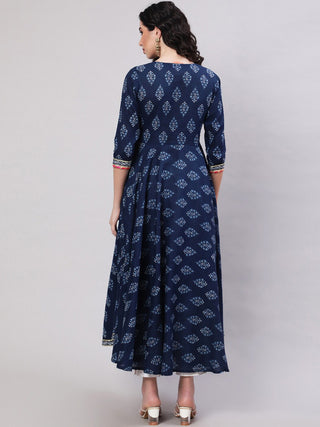 Blue Viscose Rayon Ethnic Motif Print Anarkali Style Kurta