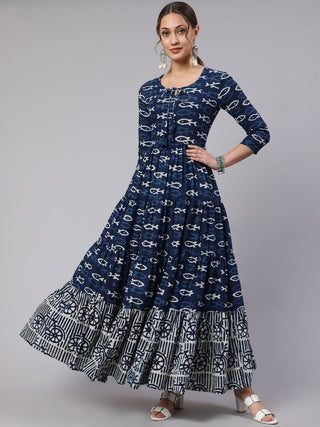 Blue Cotton Ethnic Motif Print Anarkali Style Kurta