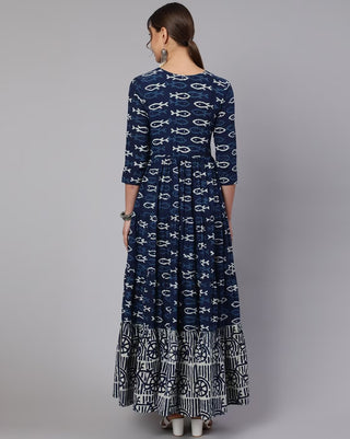 Blue Cotton Ethnic Motif Print Anarkali Style Kurta