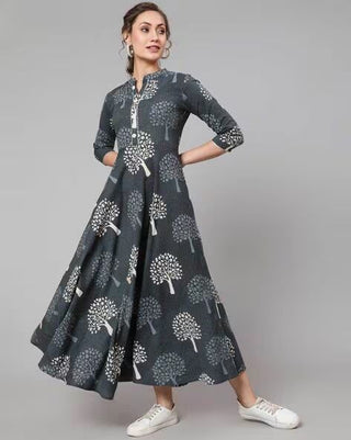 Grey Cotton Ethnic Motif Print Anarkali Style Kurta