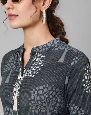 Grey Cotton Ethnic Motif Print Anarkali Style Kurta