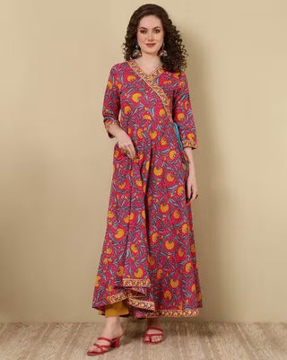 Pink Viscose Rayon Ethnic Motif Print & Zari Detailing Angrakha Anarkali Kurta