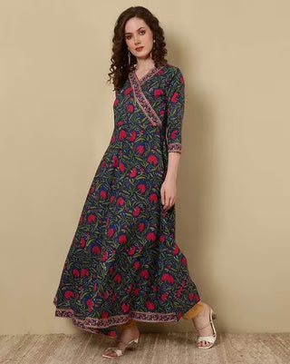 Blue & Pink Cotton Floral Print & Thread Work Detailing Angrakha Anarkali Kurta