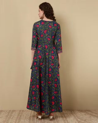 Blue & Pink Cotton Floral Print & Thread Work Detailing Angrakha Anarkali Kurta