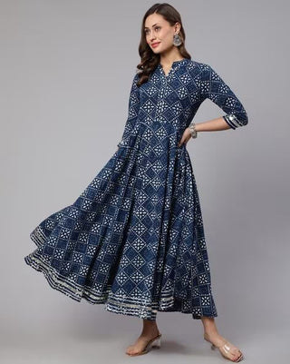 Blue Cotton Bandhani Print Angrakha Anarkali Kurta